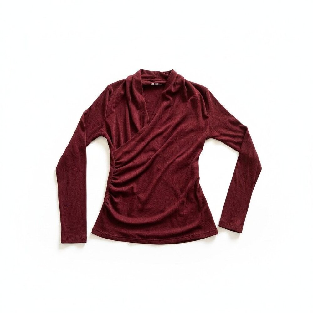 OGL Move V-Neck Mock Wrap Top Burgundy Ruched Stretch Crossover NWT